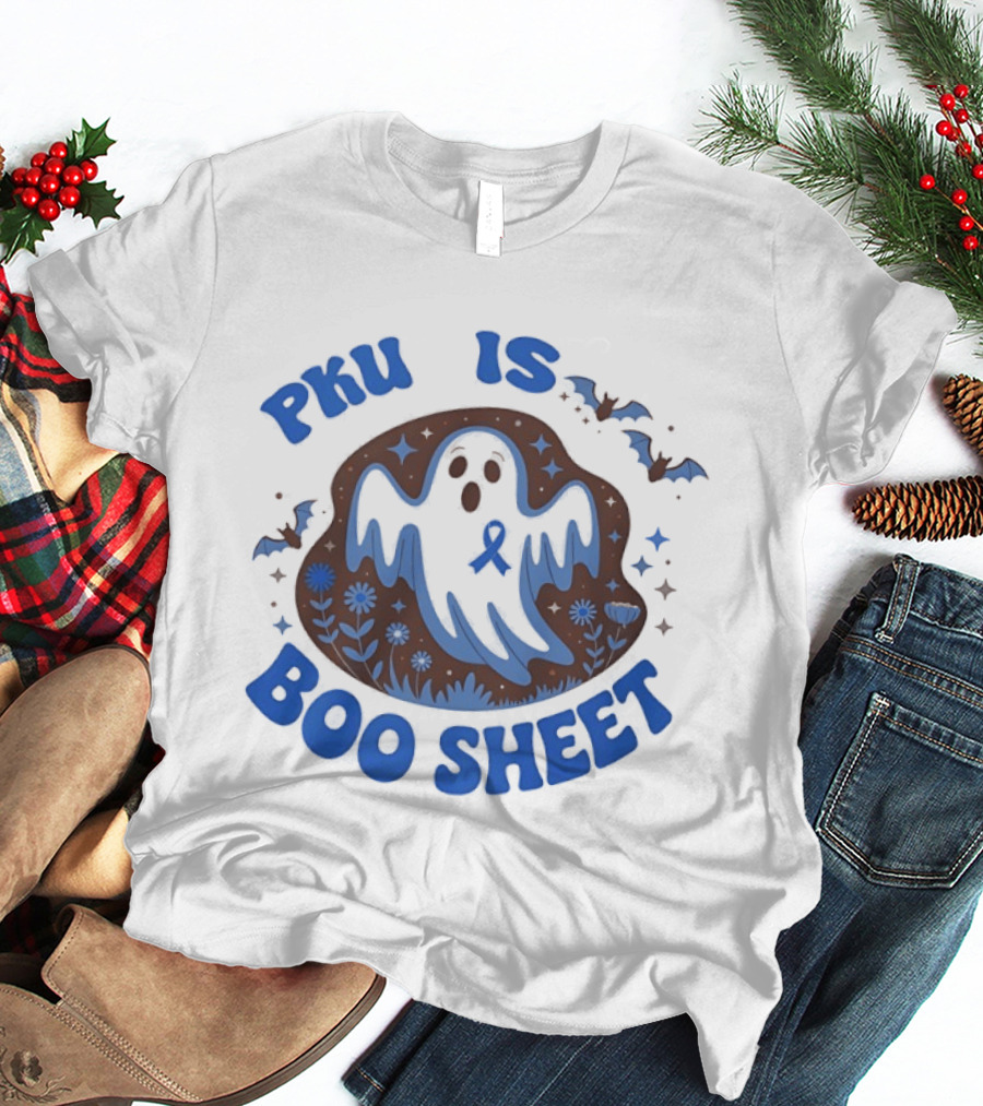 PKU Is Boo Sheet Blue Ribbon Ghost And Bat Halloween T-Shirt