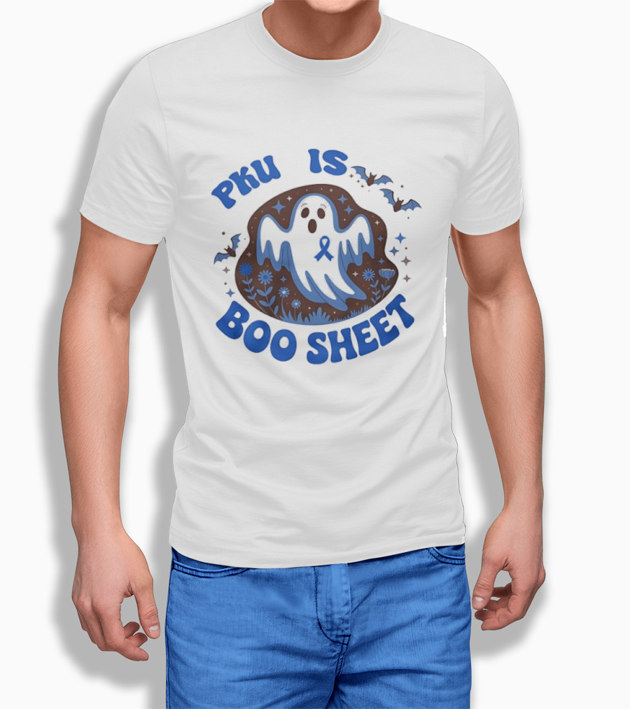 PKU Is Boo Sheet Blue Ribbon Ghost And Bat Halloween T-Shirt