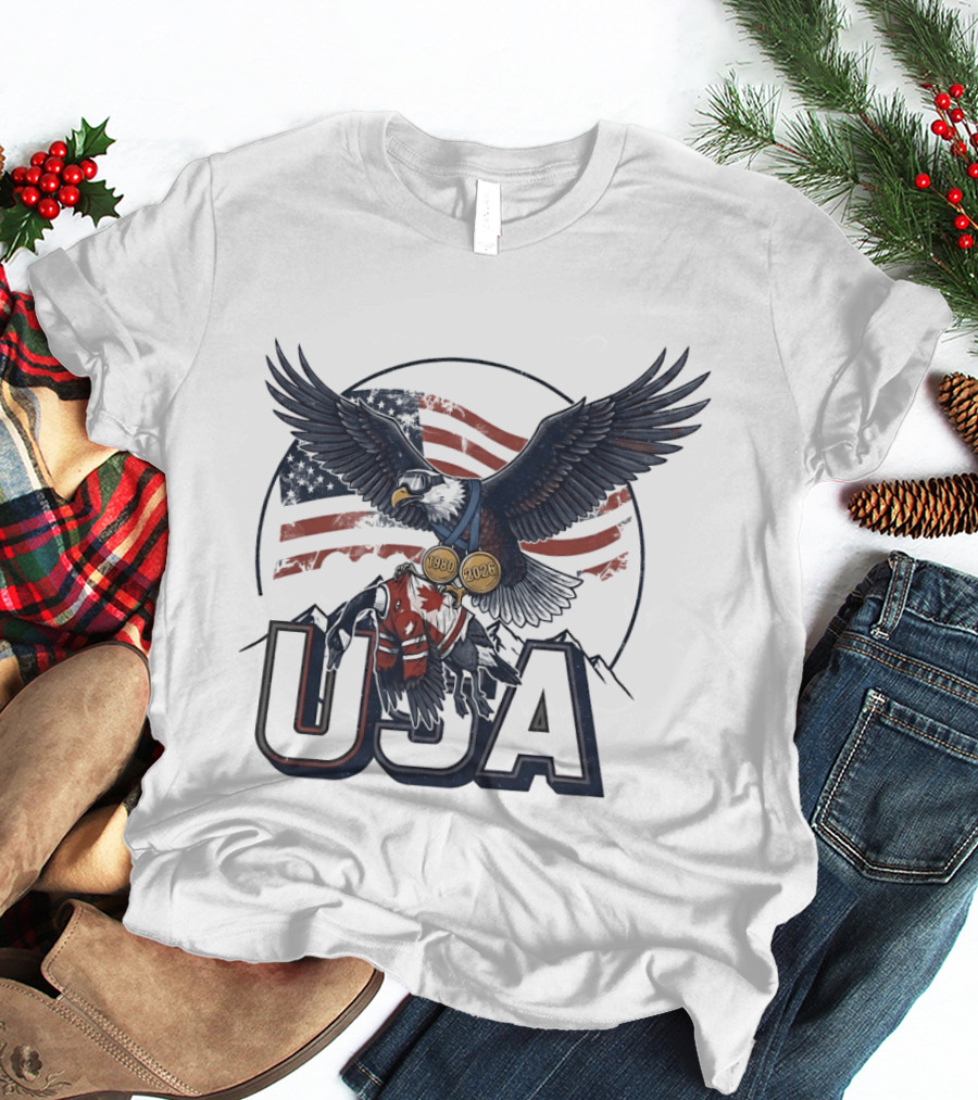 USA Eagle Ice Hockey Olympic Medals 1980 2026 American Flag T-Shirt