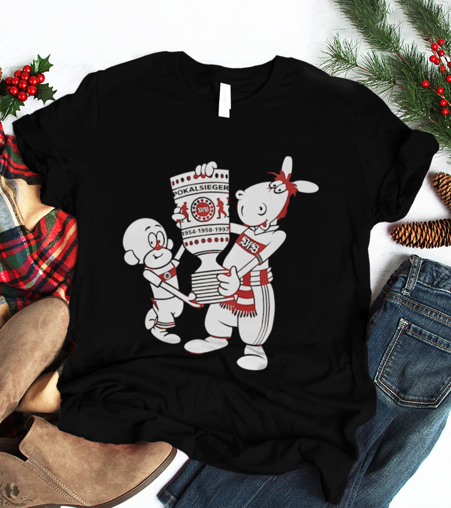 VfB Pokal Affle Und Pferdle Cartoon Celebrating Trophy T-Shirt