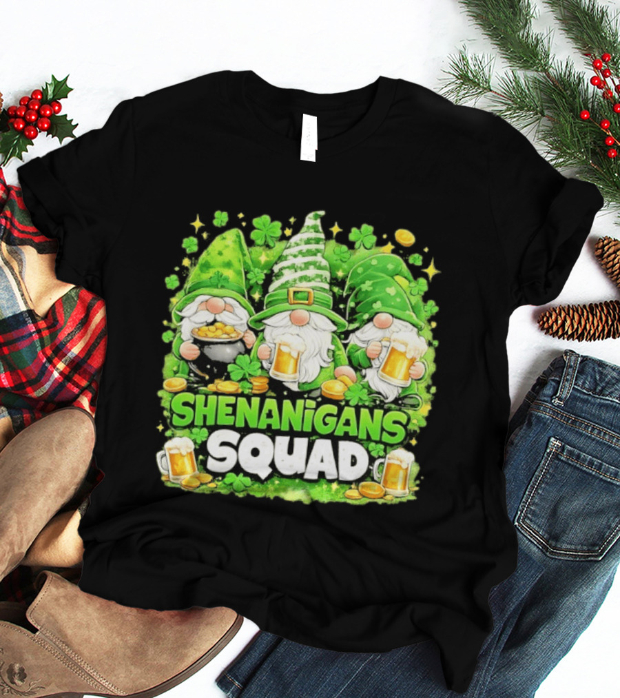 Shenanigans Squad St Patrick's Day Irish Gnomes Beer S And Clover Coins T-Shirt