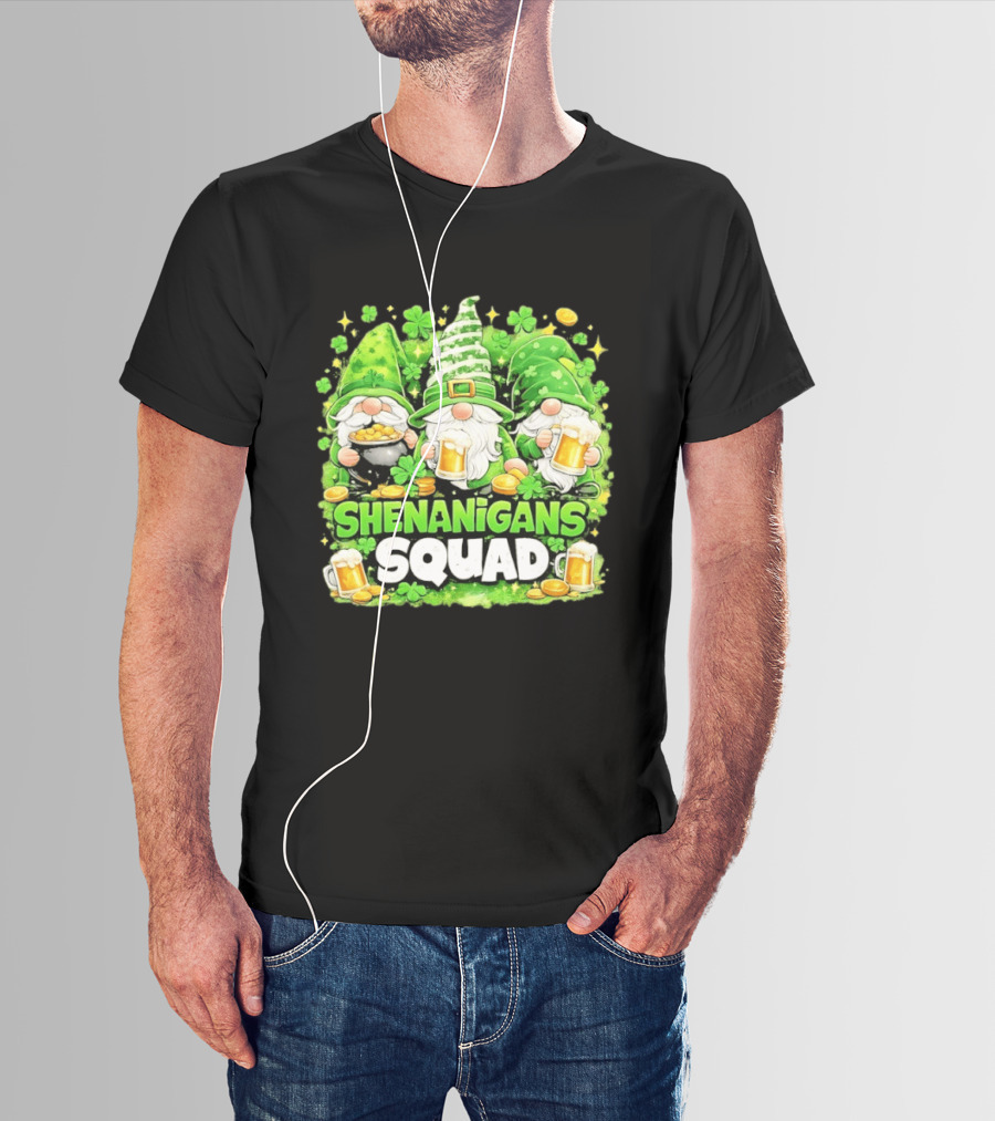 Shenanigans Squad St Patrick's Day Irish Gnomes Beer S And Clover Coins T-Shirt