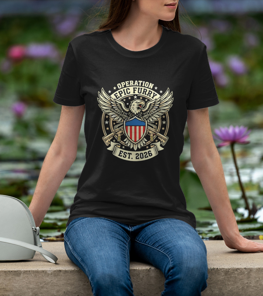 Operation Epic Furry Eagle Emblem Est 2026 Stars And Stripes Shield T-Shirt