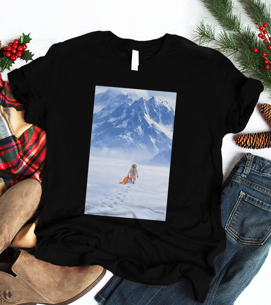 Monkey Holding Stuffed Monkey Alone Walking In Snowy Mountains T-Shirt