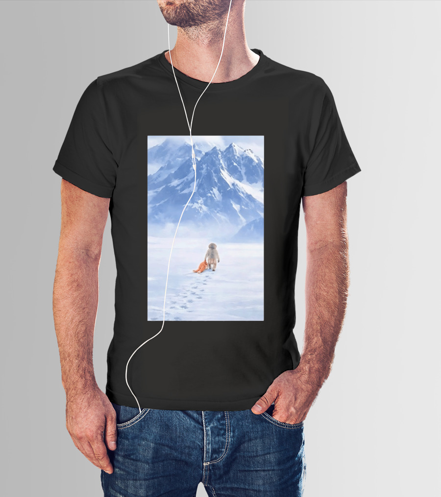 Monkey Holding Stuffed Monkey Alone Walking In Snowy Mountains T-Shirt