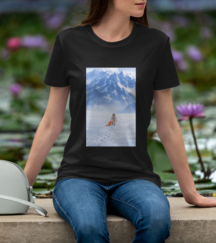 Monkey Holding Stuffed Monkey Alone Walking In Snowy Mountains T-Shirt
