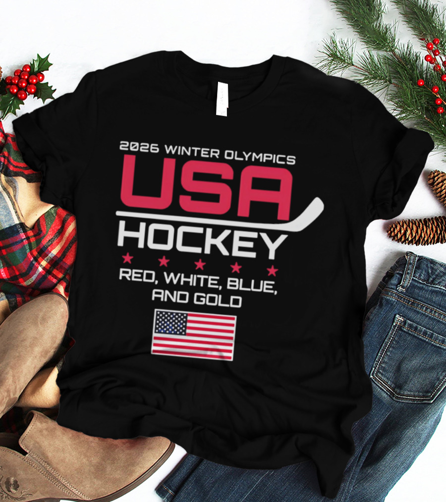 2026 Winter Olympics USA Hockey Red White Blue And Gold American Flag T-Shirt