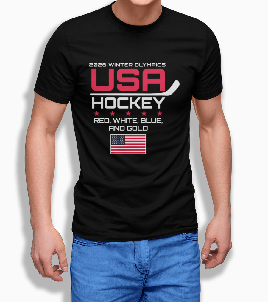 2026 Winter Olympics USA Hockey Red White Blue And Gold American Flag T-Shirt