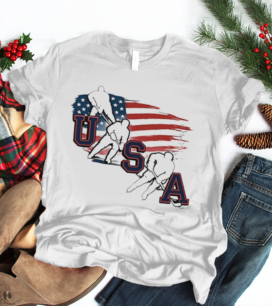 USA Olympic Gold Medal Hockey American Flag Hockey Players T-Shirt