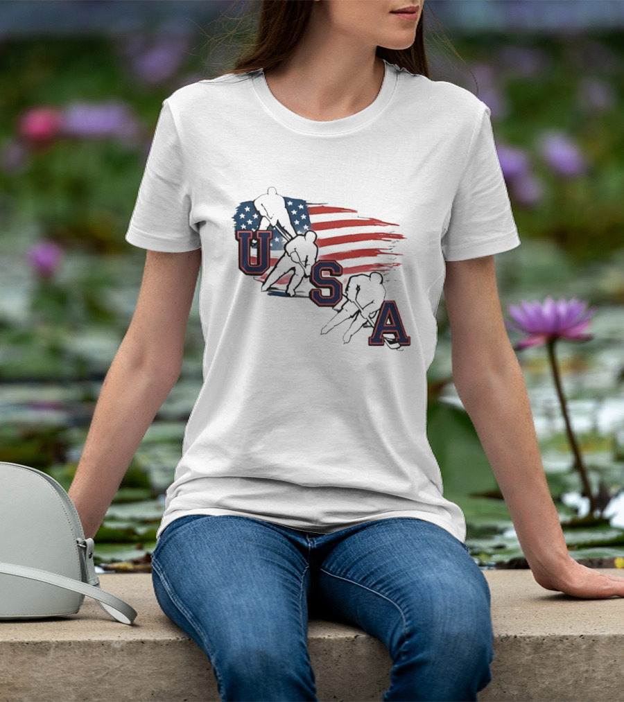 USA Olympic Gold Medal Hockey American Flag Hockey Players T-Shirt