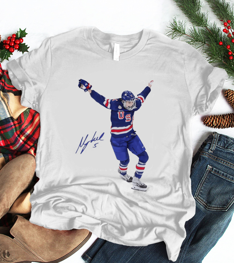 USA Team Hockey Megan Keller Blue Uniform Celebration T-Shirt