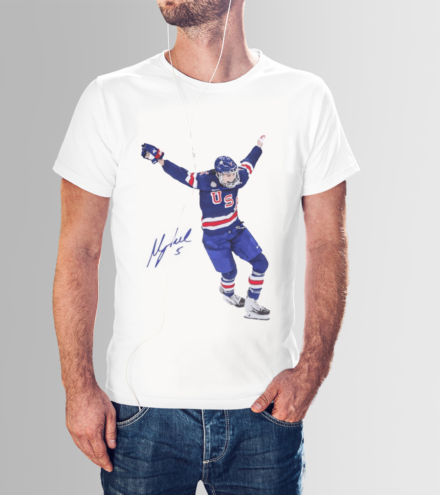 USA Team Hockey Megan Keller Blue Uniform Celebration T-Shirt