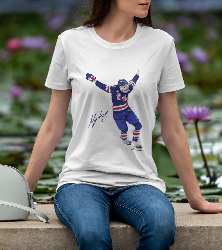 USA Team Hockey Megan Keller Blue Uniform Celebration T-Shirt