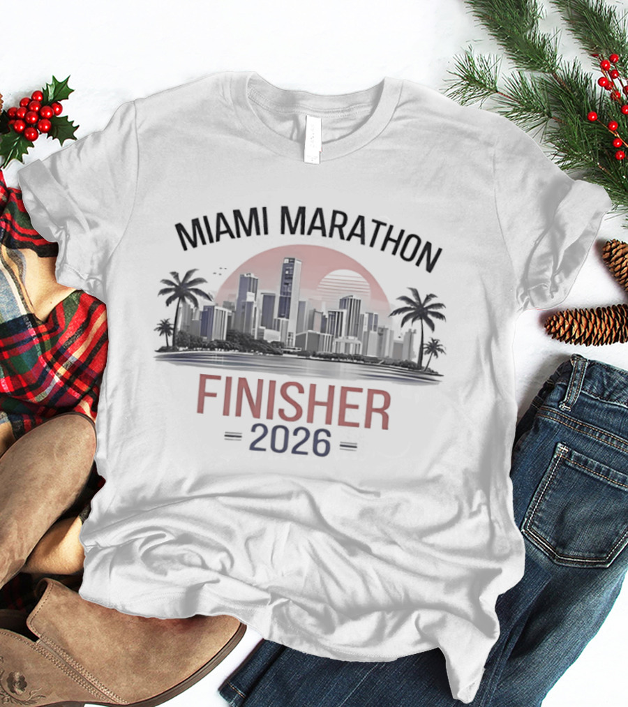 Miami Marathon Finisher 2026 City Skyline Sunset Palm Trees T-Shirt