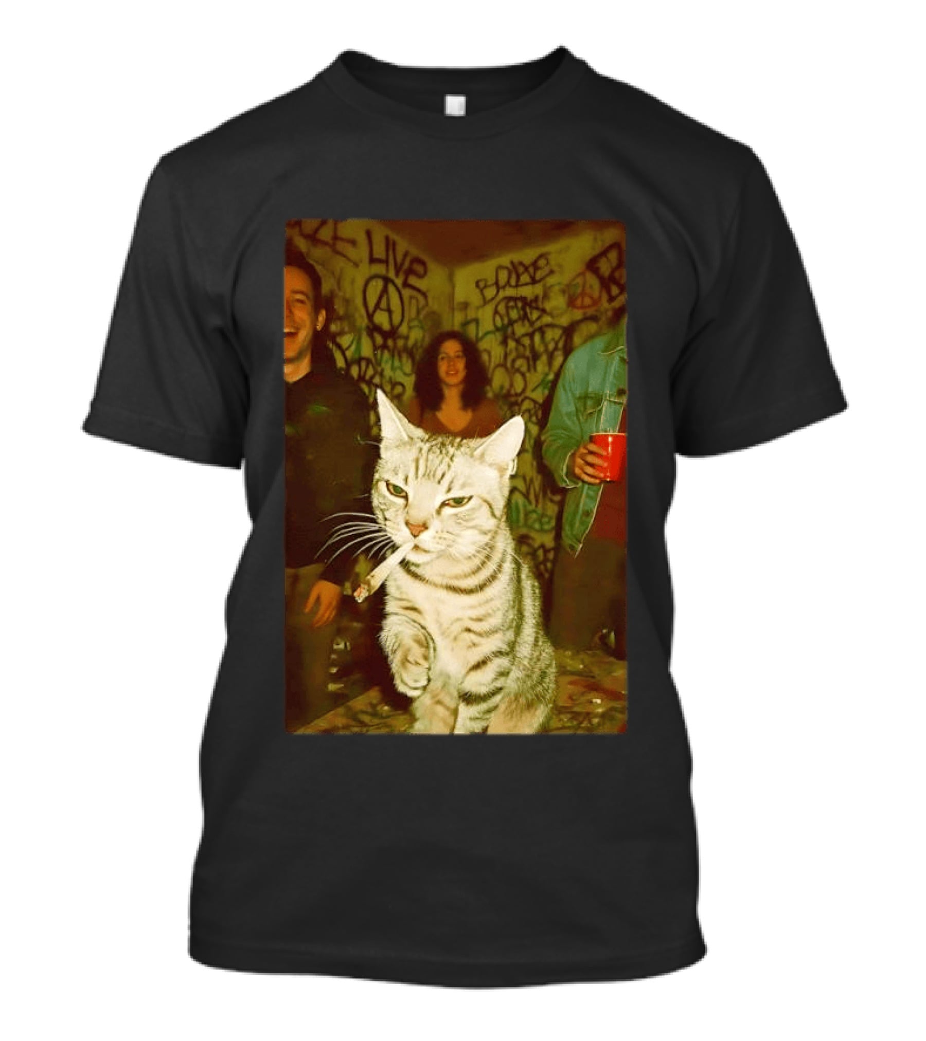 Smoking Tabby Cat Live Punk Party Scene T-Shirt