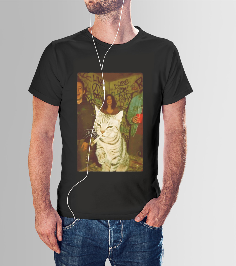 Smoking Tabby Cat Live Punk Party Scene T-Shirt