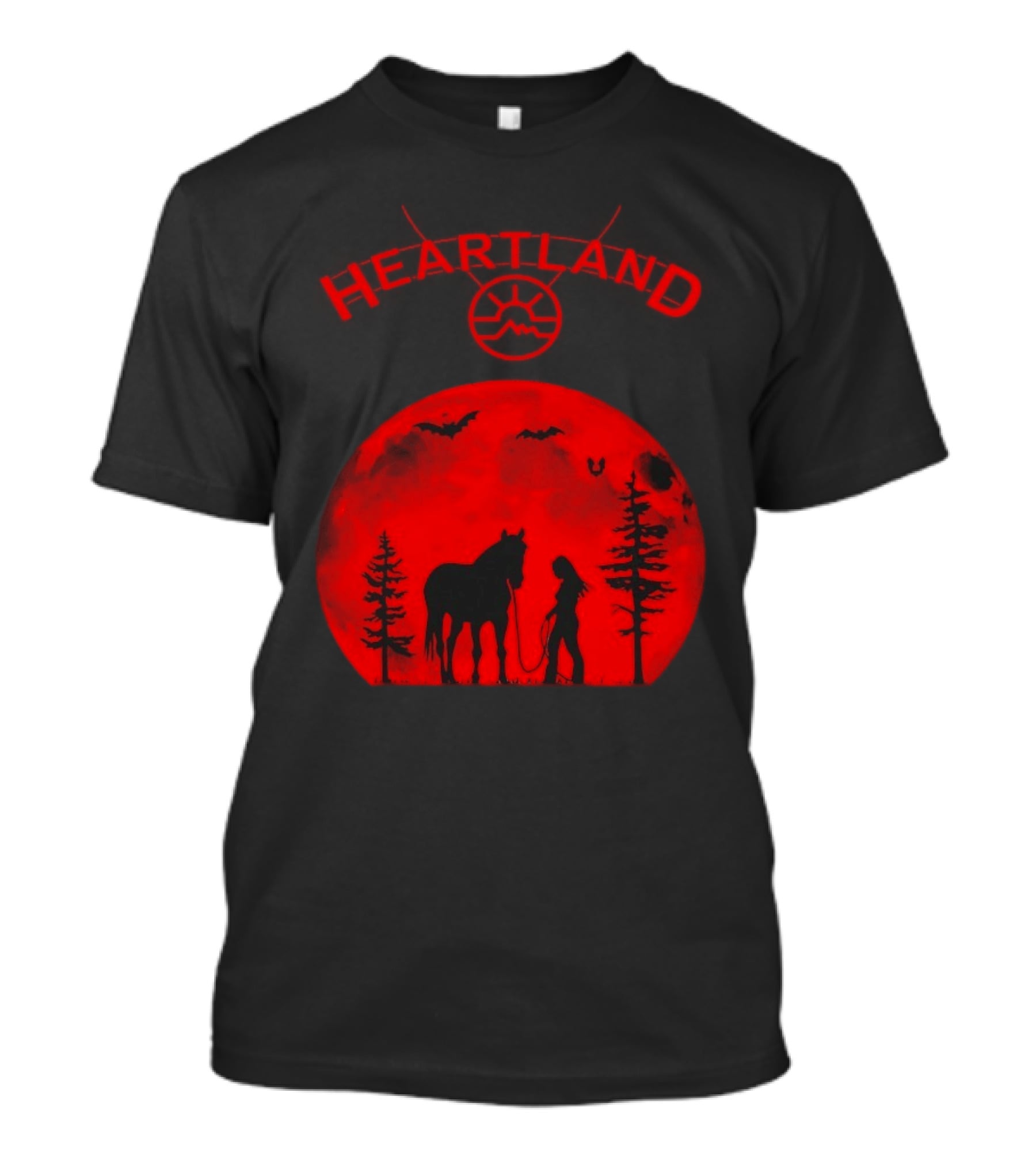 Heartland Ranch Red Moon Horse And Human Silhouette With Trees And Bats T-Shirt