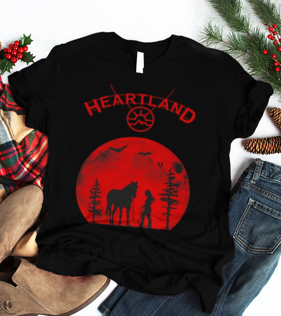 Heartland Ranch Red Moon Horse And Human Silhouette With Trees And Bats T-Shirt