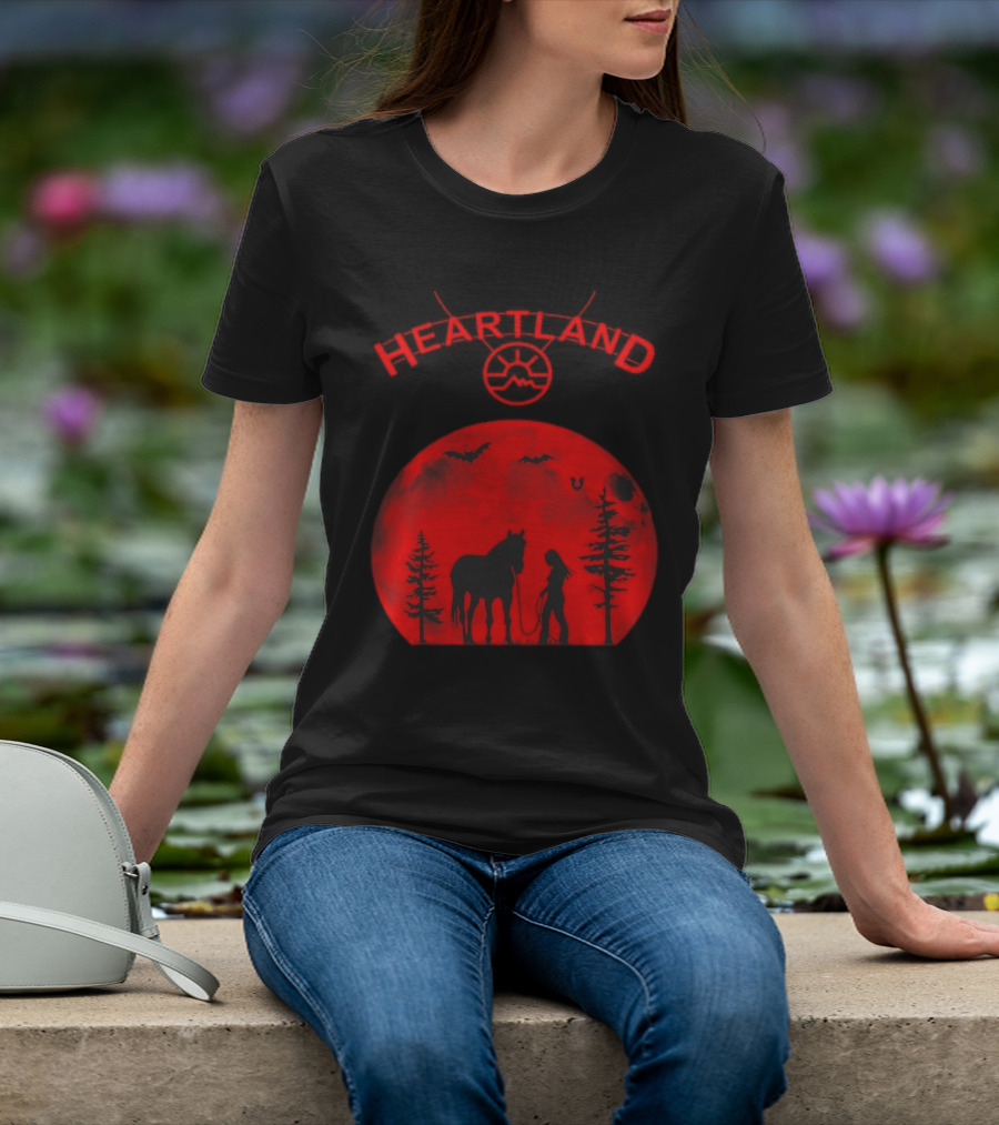 Heartland Ranch Red Moon Horse And Human Silhouette With Trees And Bats T-Shirt