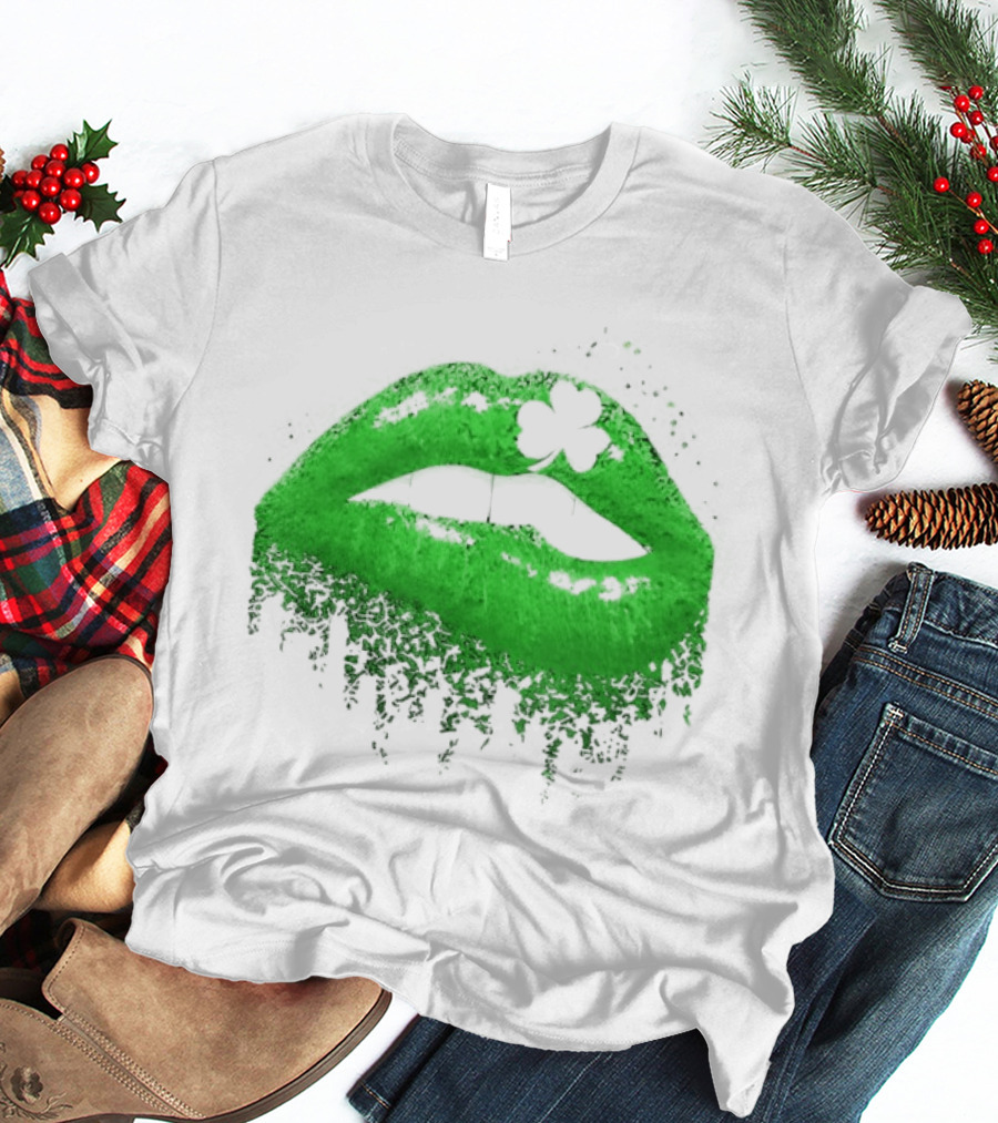 St Patrick's Day Green Lips Shamrock Shape T-Shirt