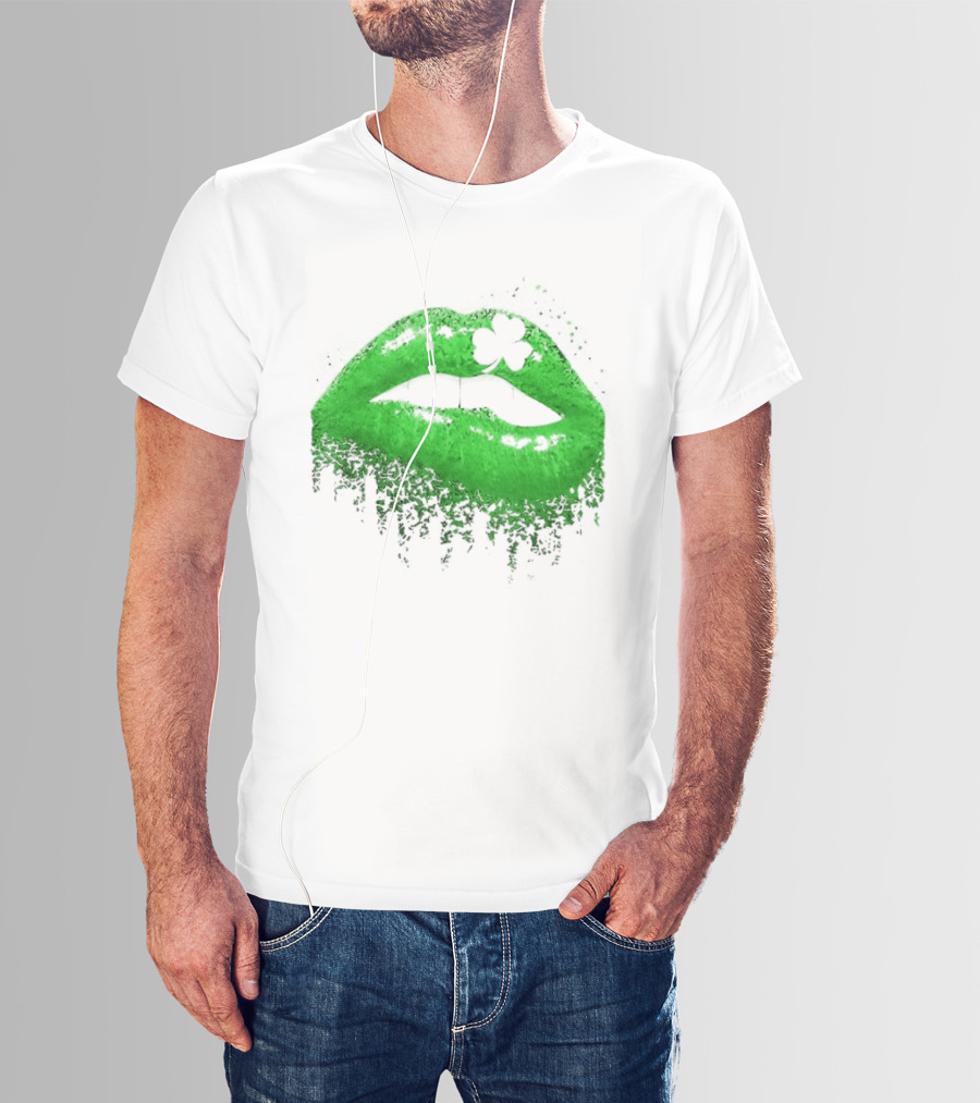 St Patrick's Day Green Lips Shamrock Shape T-Shirt