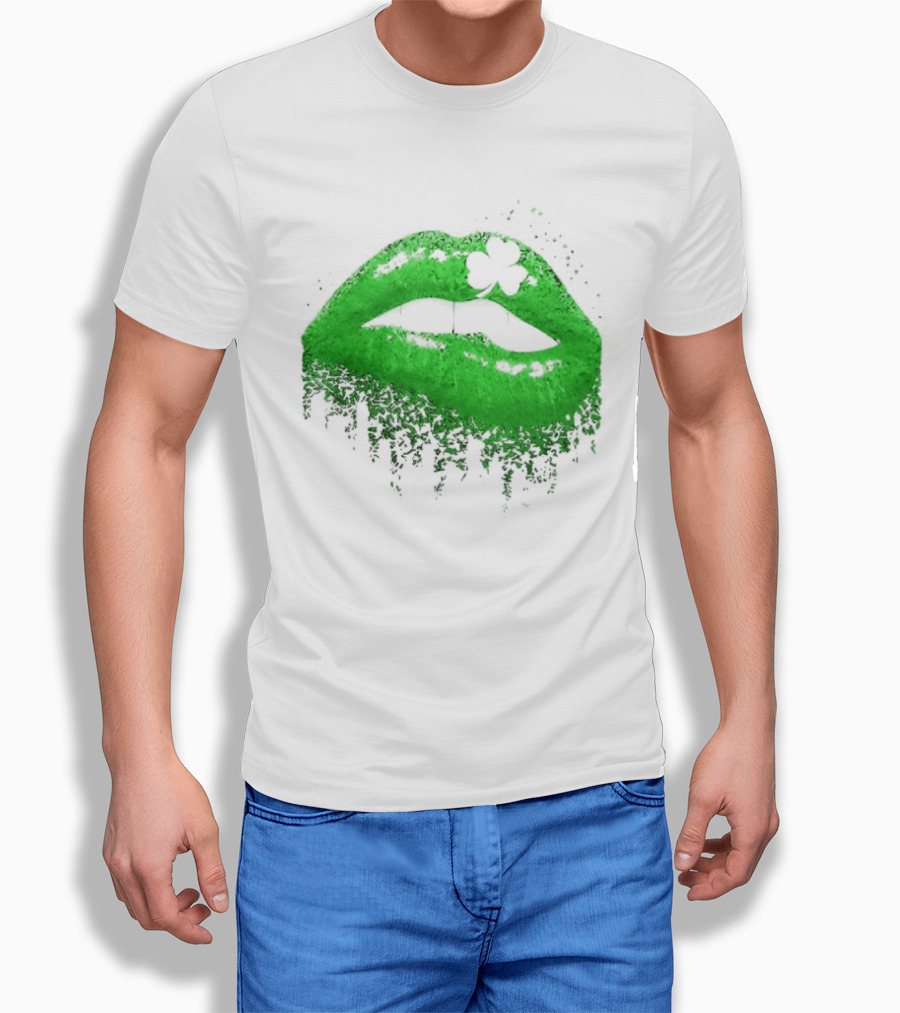 St Patrick's Day Green Lips Shamrock Shape T-Shirt