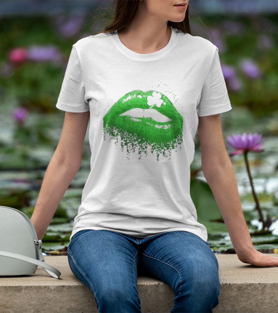 St Patrick's Day Green Lips Shamrock Shape T-Shirt
