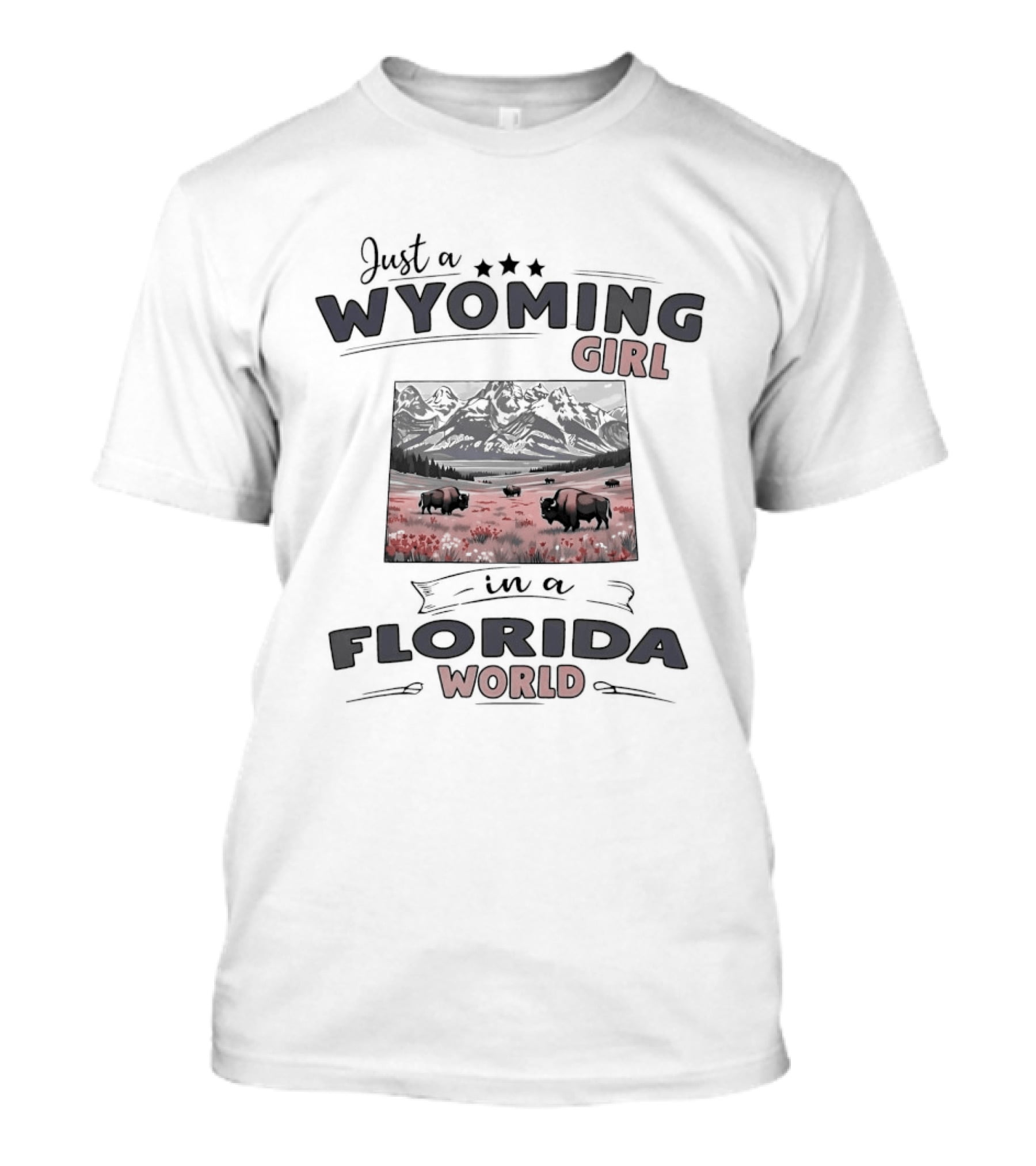 Just A Wyoming Girl Living In A Florida World With Buffalo And Mountain Scene T-Shirt