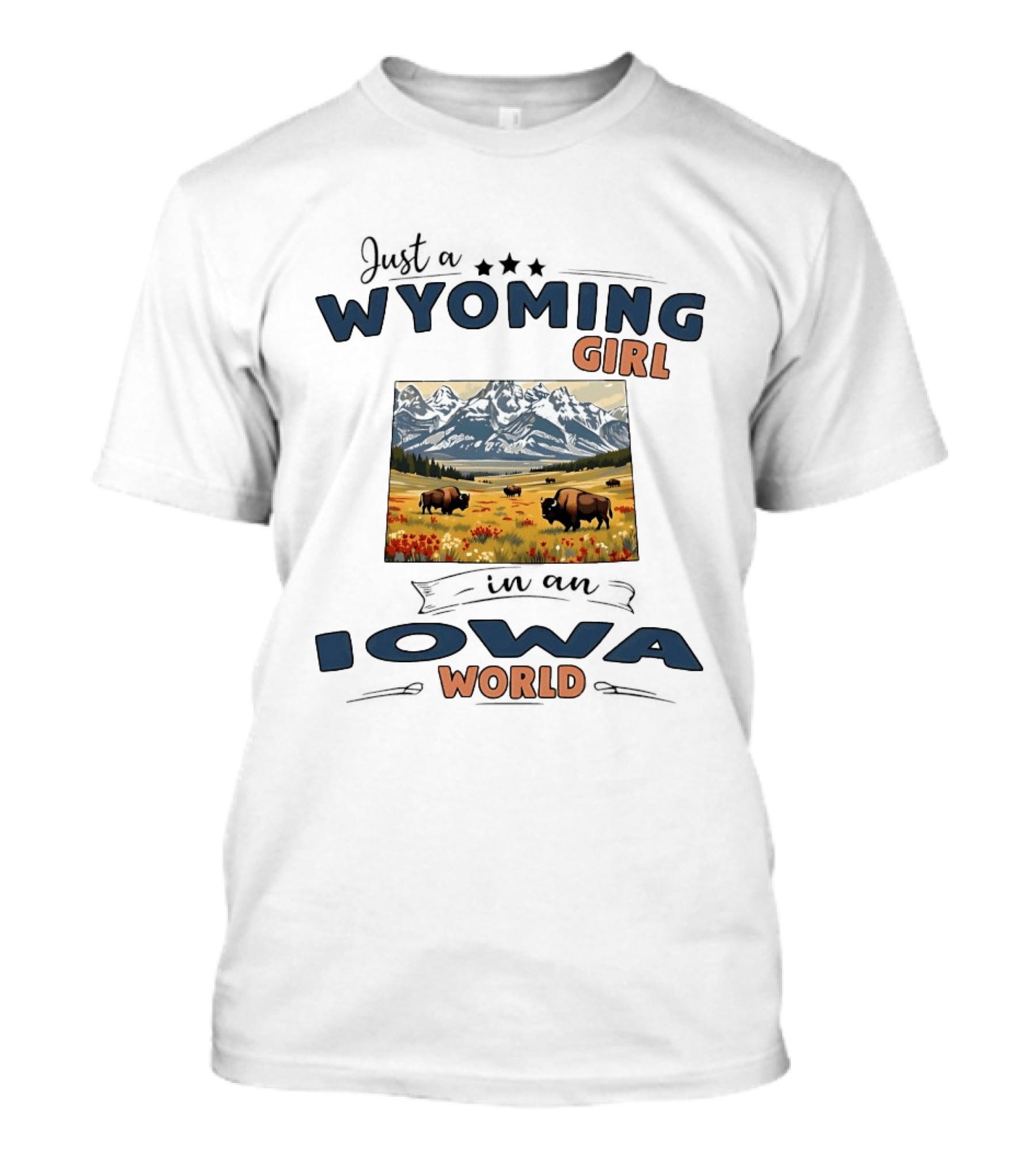 Wyoming Girl In Iowa World Mountains And Bison T-Shirt