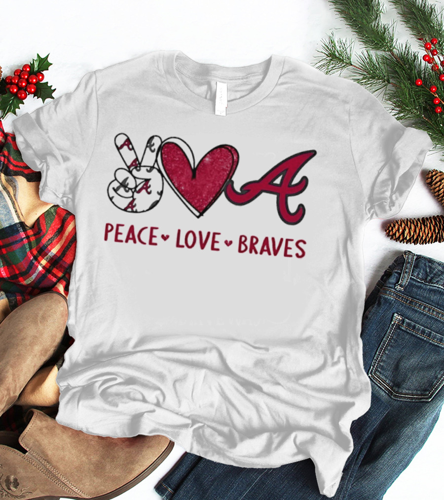 Atlanta Braves Peace Love Hand Sign Heart Shape T-Shirt