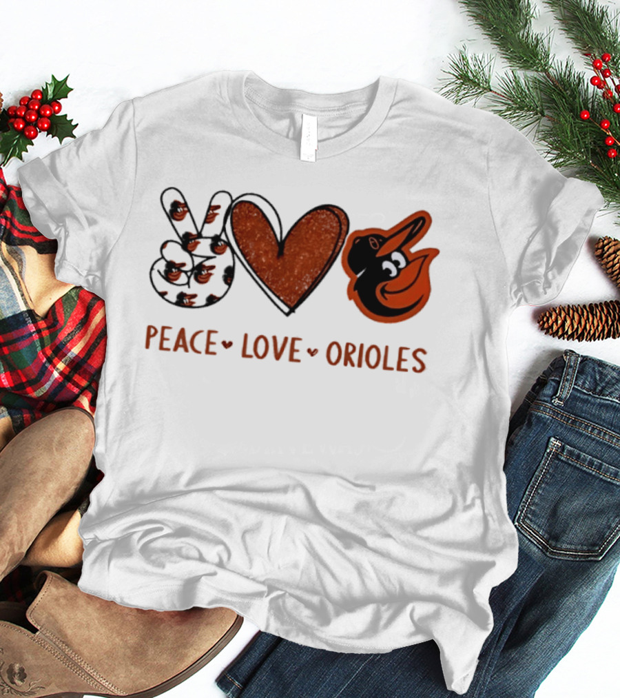 Peace Love Orioles Hand Sign Heart Shape Baltimore Orioles T-Shirt