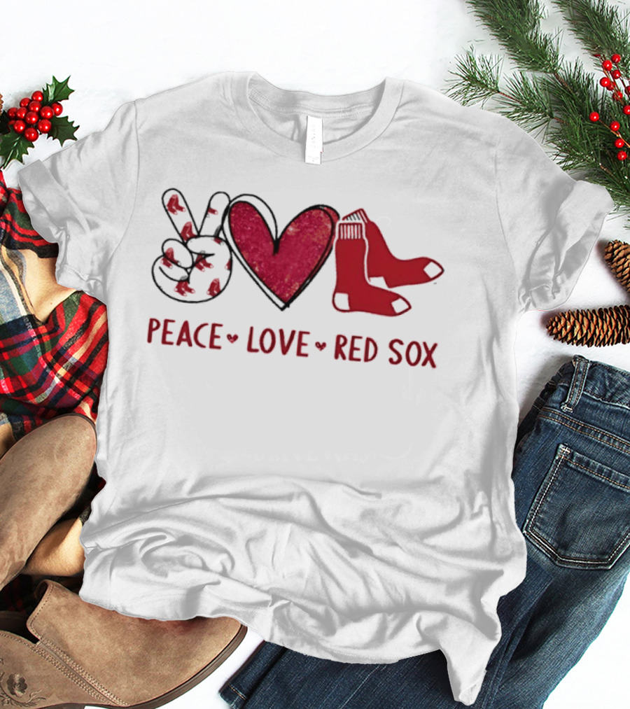 Peace Love Red Sox Hand Sign Heart Shape Socks T-Shirt