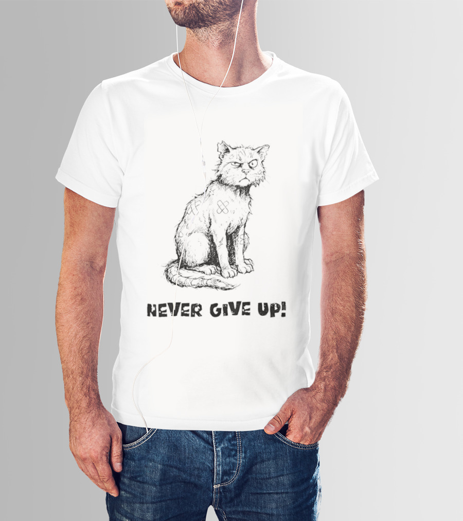 Cat Never Give Up Resilient Sketch Cat T-Shirt