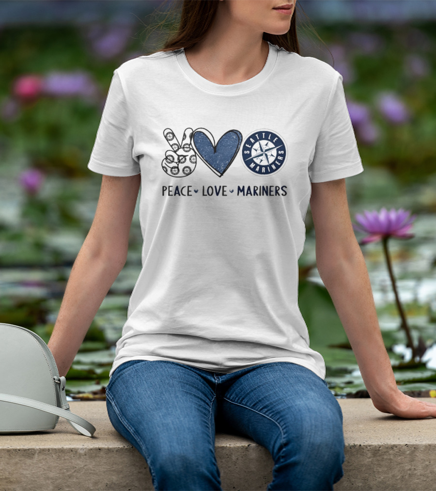 Peace Love Seattle Mariners Hand Sign Heart Shape T-Shirt