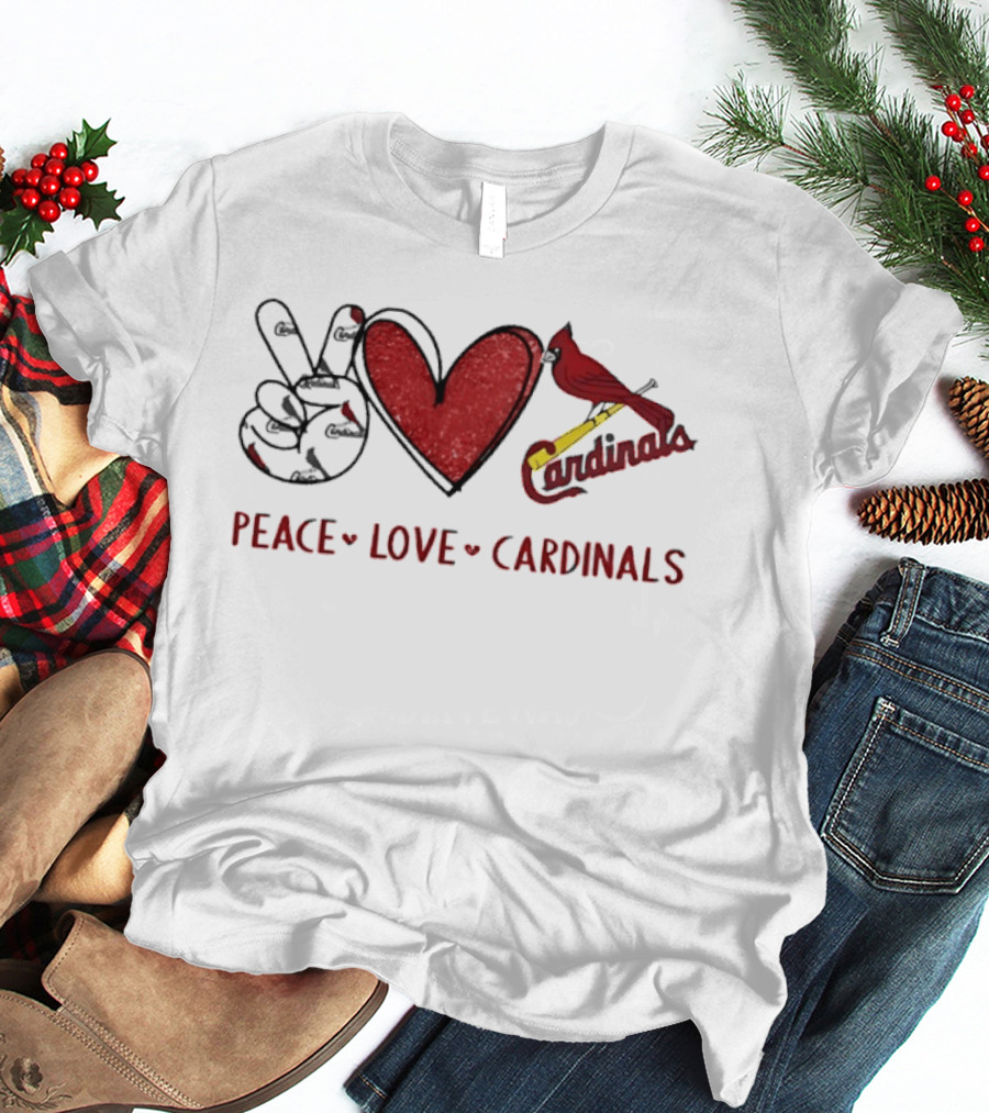 Peace Love Cardinals Hand Sign Heart Shape St Louis Cardinals T-Shirt