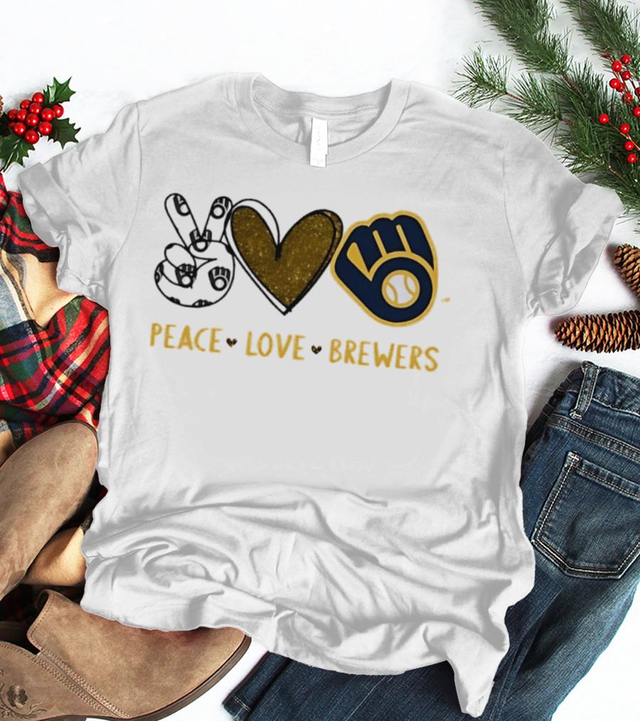 Milwaukee Brewers Peace Love Hand Sign Heart Shape T-Shirt