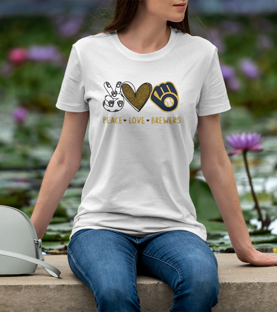 Milwaukee Brewers Peace Love Hand Sign Heart Shape T-Shirt