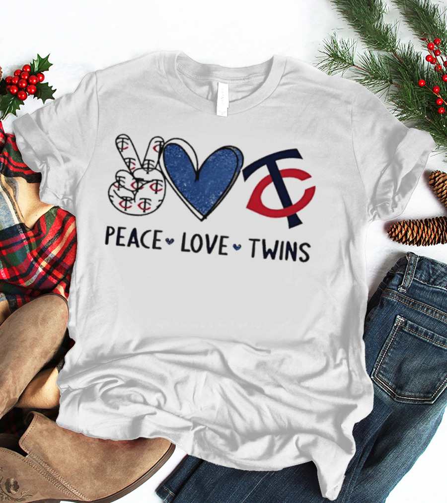 PEACE LOVE TWINS Hand Sign Heart Shape TC Logo Minnesota Twins T-Shirt