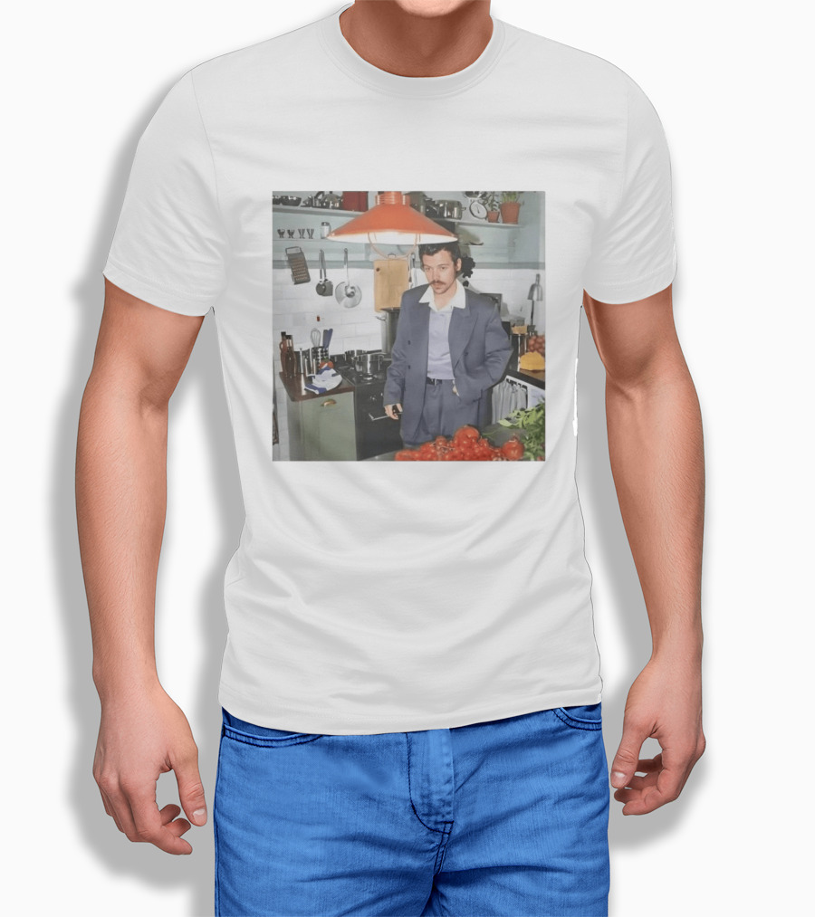 Harry Cooking In Stylish Kitchen With Suit And Vegetables T-Shirt