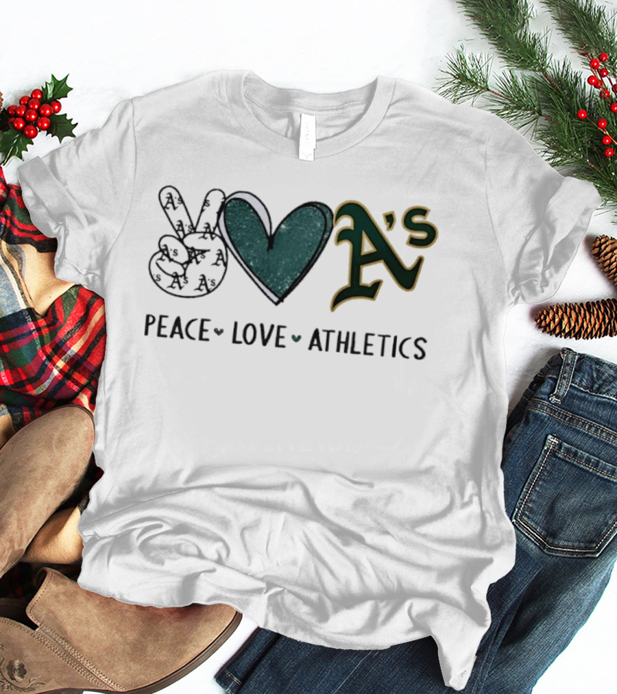 Peace Love Oakland Athletics Hand Sign Heart Shape A's T-Shirt