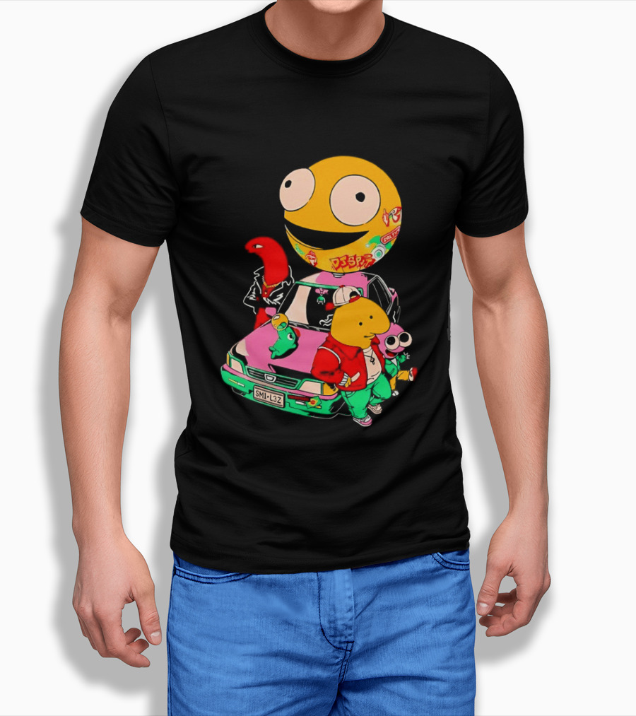 Pac Man Inspired Japanese Characters And Vintage Car Adventure T-Shirt