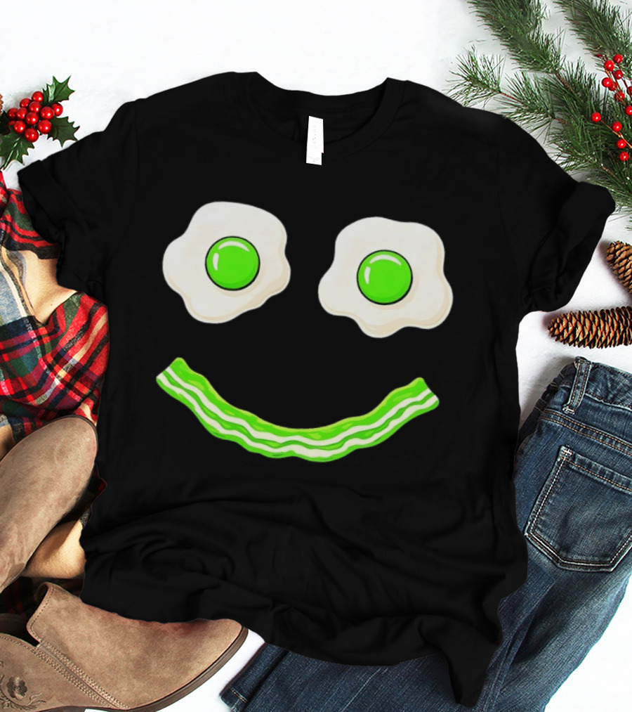 Green Smile Face Eggs And Bacon Ham Breakfast Fun Food Expression T-Shirt