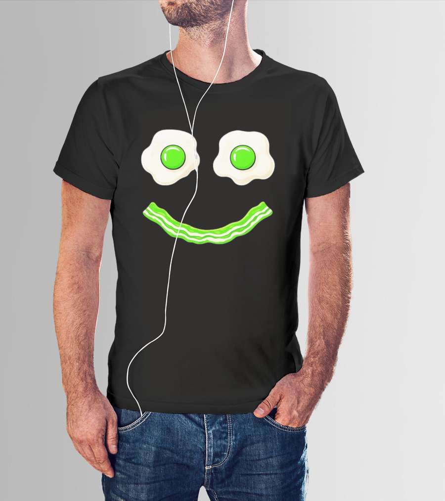 Green Smile Face Eggs And Bacon Ham Breakfast Fun Food Expression T-Shirt