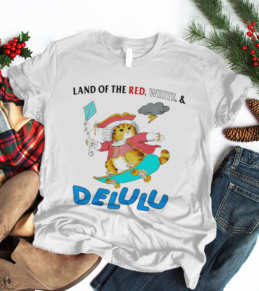 Land Of The Red White And Delulu Cat Pirate Skateboard Kite T-Shirt