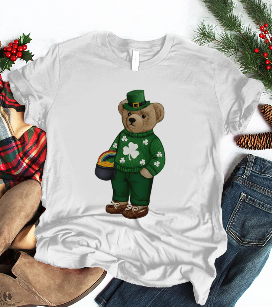 Lucky Teddy Bear Irish St Patricks Day Clover Rainbow Pot Of Gold T-Shirt