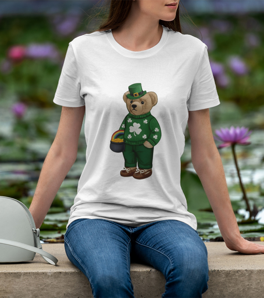 Lucky Teddy Bear Irish St Patricks Day Clover Rainbow Pot Of Gold T-Shirt