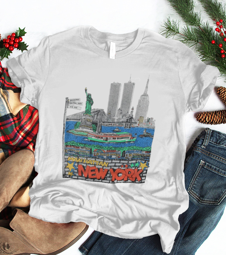 Statue Of Liberty Brooklyn Bridge Broadway Central Park 5th Ave Manhattan New York Skyline T-Shirt