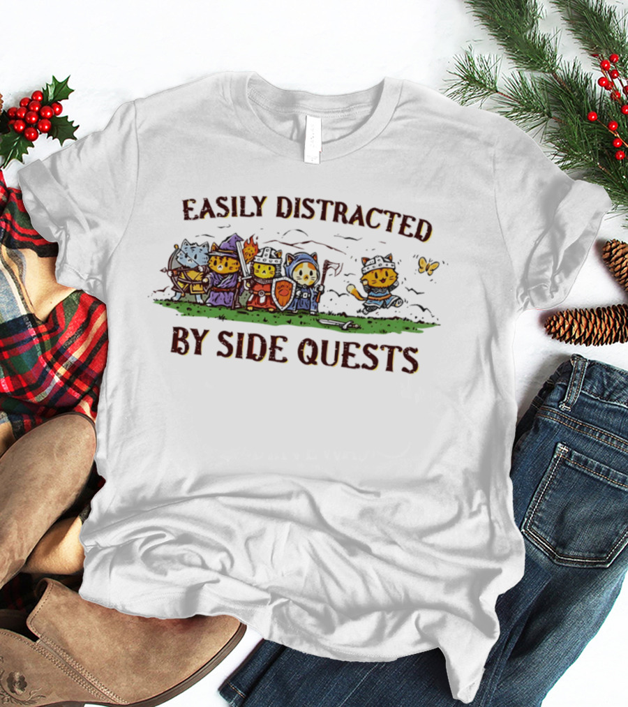 Easily Distracted By Side Quests Cats In Fantasy Costumes T-Shirt