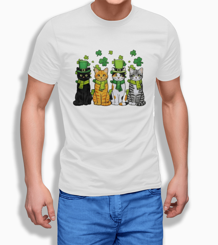 St Catrick's Day Black Cat Orange Tabby Cat Calico Cat And Gray Tabby Cat With Shamrocks And Green St Patrick's Hats T-Shirt