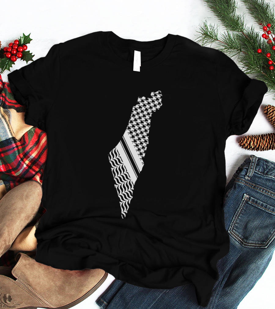 Free Palestine Map With Kufiya And Waves T-Shirt